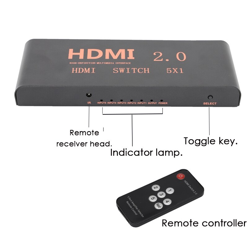 5 in 1 Out 2.0 Switcher 4K60HZ HD Switcher Support Blu-Ray Input/3D Output/HDCP2.2/HDR Dynamic