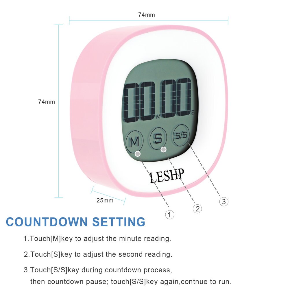 LESHP Square Touchable LCD Digital Screen LED Backlight 4 Digits Display Digital Magnetic Back Kitchen Timer Countdown Timer