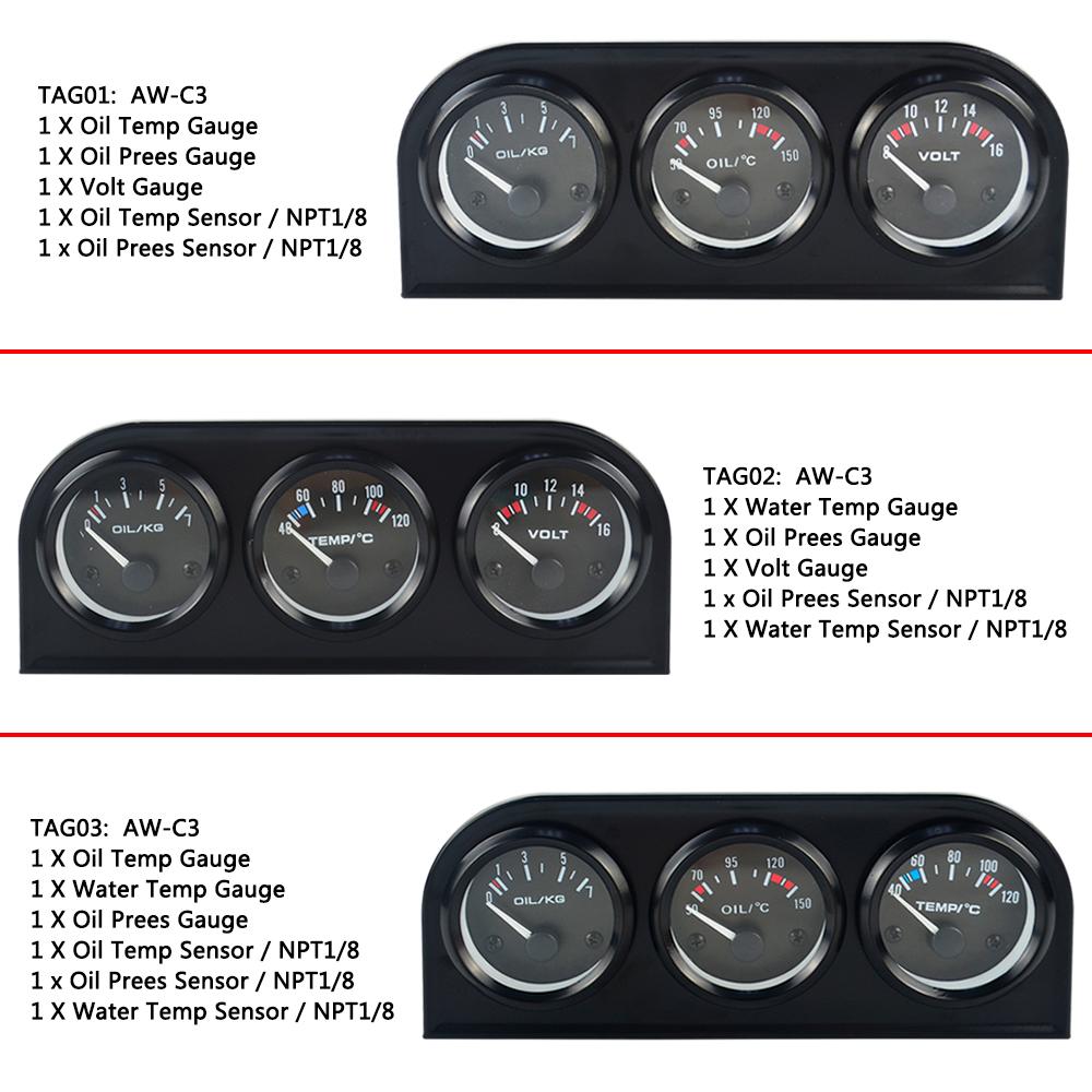 Kit de tres relojes medidores para auto, accesorio indicador de temperatura de aceite, temperatura de agua y presión de aceite, 52 mm, sensor 3 en 1