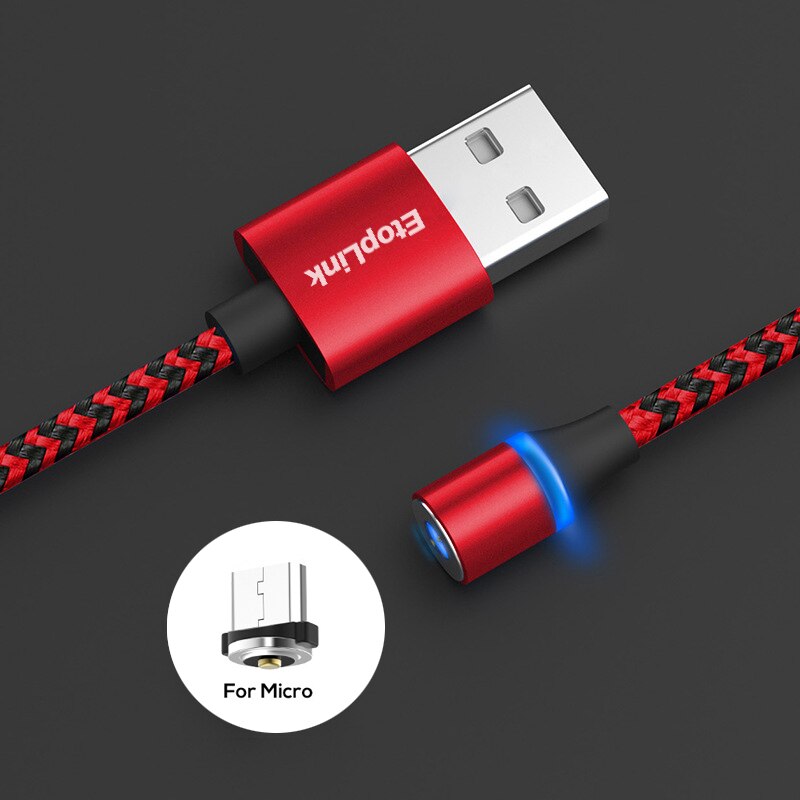 EtopLink Type C Micro USB Magnetic Charging USB Cable USB-C 360 degree Round Magnet Nylon Braided LED Charger Cables 1M Blue Red: Red Micro USB