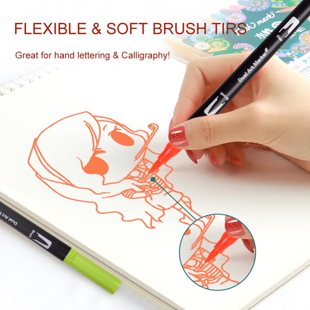 Dual Tip Borstel Pennen 60 Unieke Kleuren Belettering Pen Markers Borstel Fineliner Tips Perfect Voor Coloring Art Doodling Hand Belettering