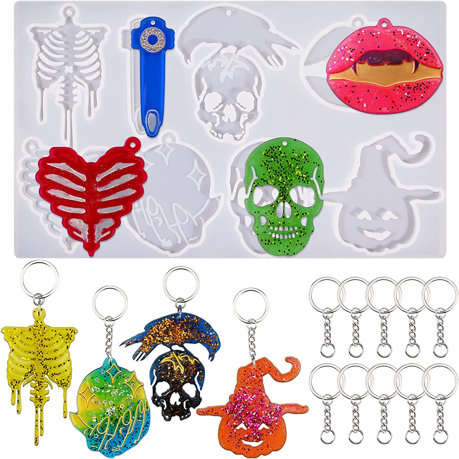 1pcs Halloween Keychain Molds Skull Resin Silicone Mold DIY Skeleton Necklace Pendant Crafts Polymer Clay Mold for Epoxy Resin