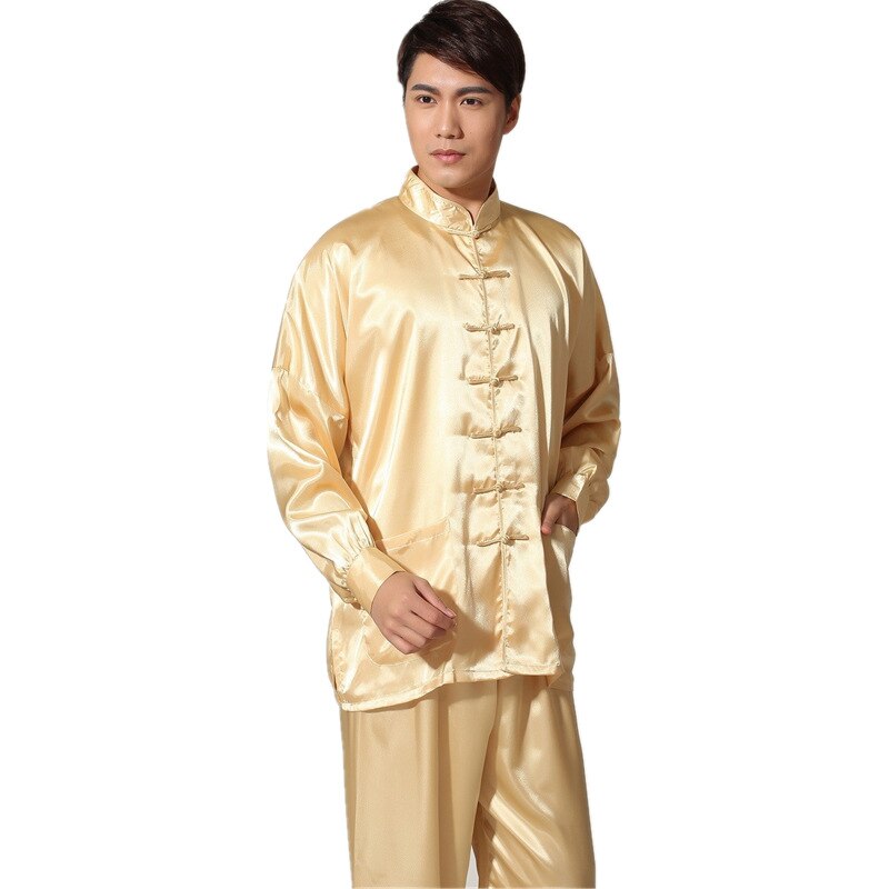 Chinese Year Clothing for Men Satin Solid Long Sleeve Kung Fu Costumes Traditional Cheongsam Top Pant Clothes Set: Gold / M
