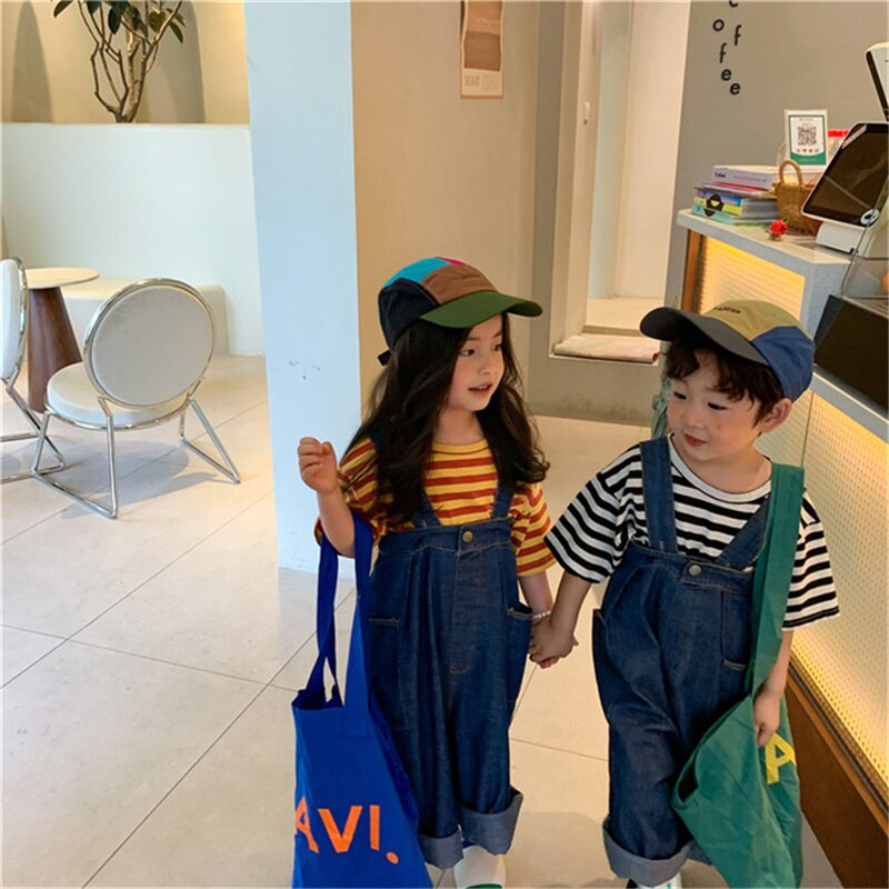 Zomer Effen Kleur Losse Denim Overalls Voor Jongens En Meisjes Koreaanse Stijl Casual Alle-Match Unisex Bib Broek