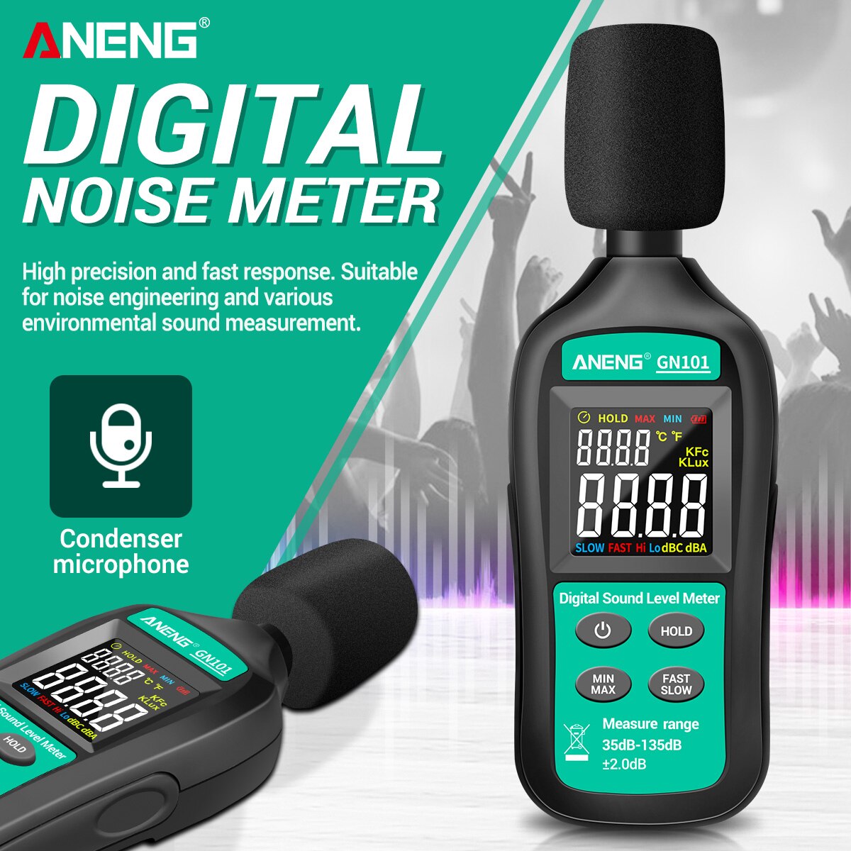 Aneng Digitale Noise Meter 35db-135db Decibel Meter Lcd Display Sound Level Analyze High-Nauwkeurige Geluid Decibel Monitor