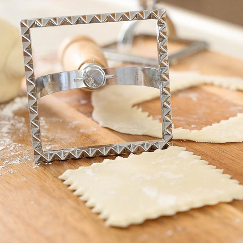 Fluted Edge Ravioli Stamp Kitchen Bakeware Tool Pastry Pasta Cutter Dumplings Maker Gadgets Square Mold Wooden Handle Durable