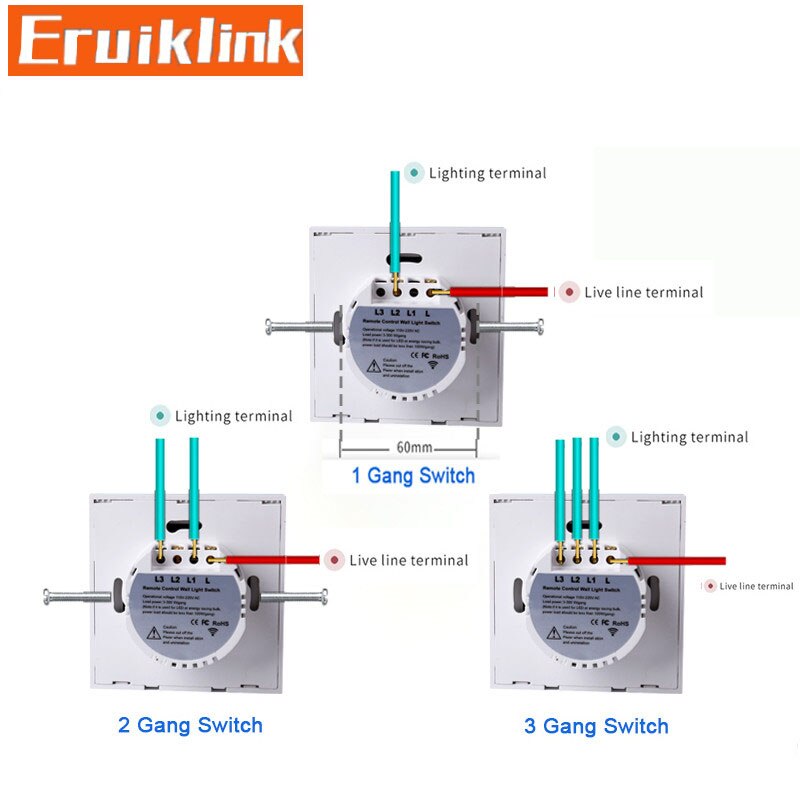 EU/UK Standard Wall Touch Switch,1/2/3 Gang 1 Way Crystal Glass Single Fireline Control Light Switch Can't be remote controlled