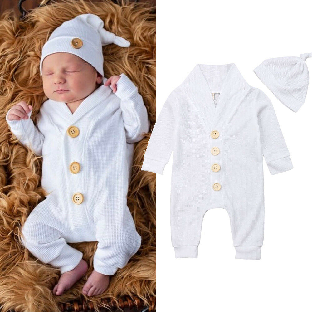0-18M Infant Baby Kids Boy Girl Infant Romper Hat 2pcs Button White Single Breasted Jumpsuits Clothes Outfit Set
