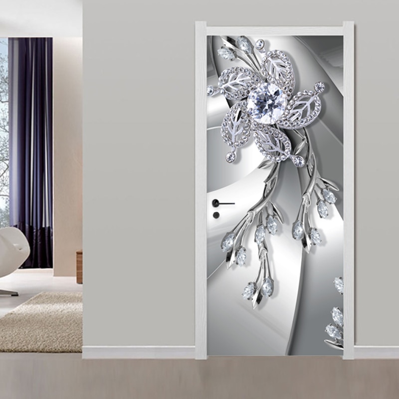 Modern 3D Metal Texture Diamond Flower Door Sticker Abstract Art Mural Wallpaper PVC Self-Adhesive Waterproof Door Poster Decals