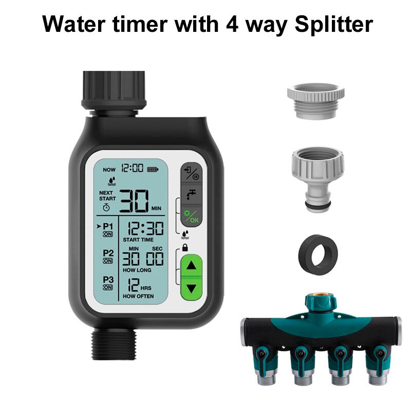 Rain Sensor Irrigation Water Timer Electronic Automatic Sprinkler Controller Outdoor Garden Watering Timer Irrigation Controller: with 4 way Splitter