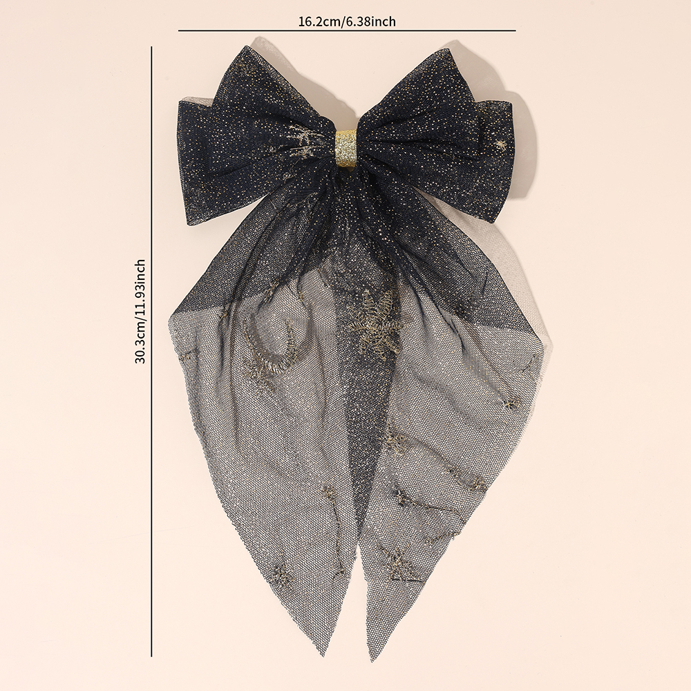 Presilha de cabelo com laço de tule para mulheres, noite estrelada sonhadora, serpentinas longas, estampa de lua, presilhas para festa de meninas, acessórios diários: Prateado