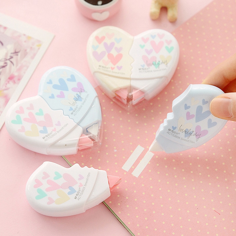 2 Pcs/pair 10m Love Heart Correction Tape Plastic Kawaii Stationery Corrector Students Office and School Supplies