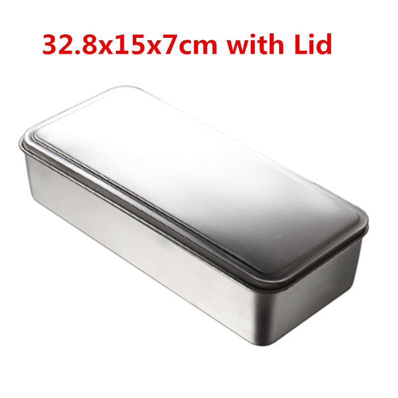 Thick 304 Stainless Steel Rectangular square Plate pan deep tray box with lid Grill BBQ Container plate set Storage serving dish: 32.8x15x7cm with Lid