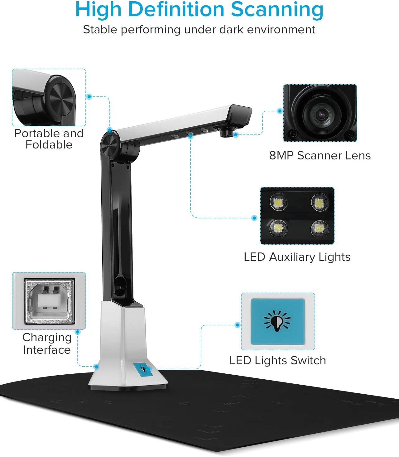 Portable 8 Mega-pixel High Definition Doc Scanner Capture Size A4 Document Camera for File Recognition Scanner Support MAC OS