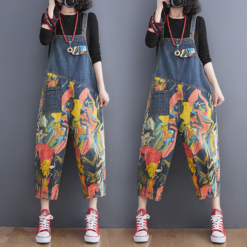 Streetwear patchwork print denim jumpsuits kvinder løse vide ben dungarees baggy bukser sparkedragter forår sommer jeans overalls