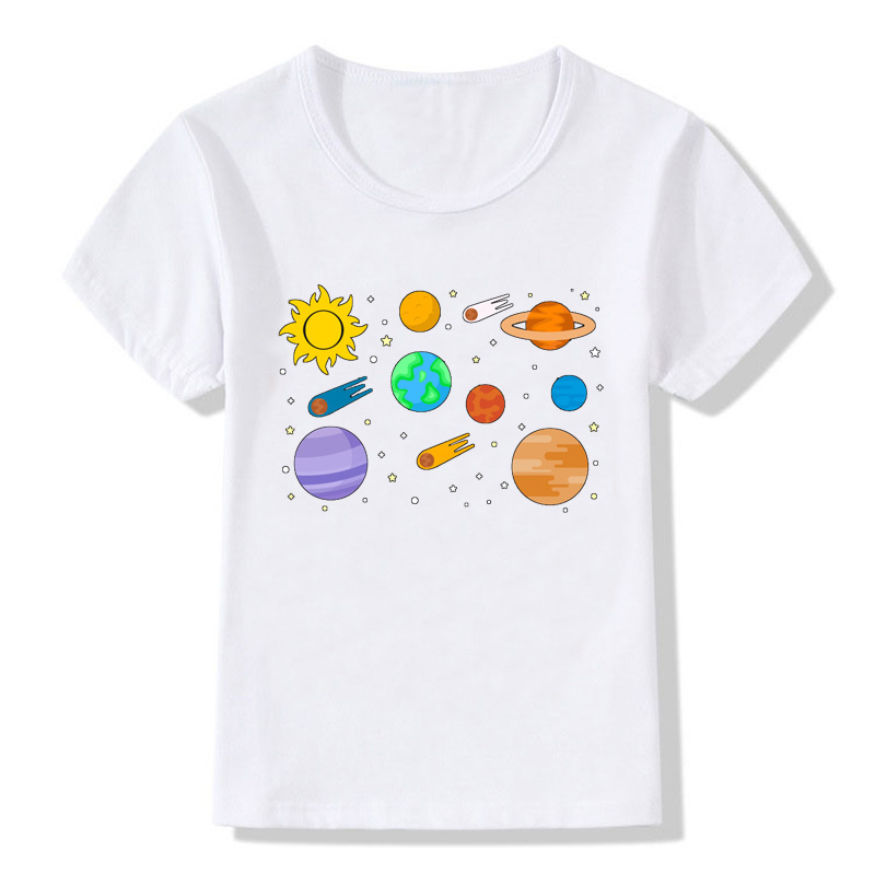 Camiseta de manga curta estampa de planeta, camiseta infantil para meninos e meninas