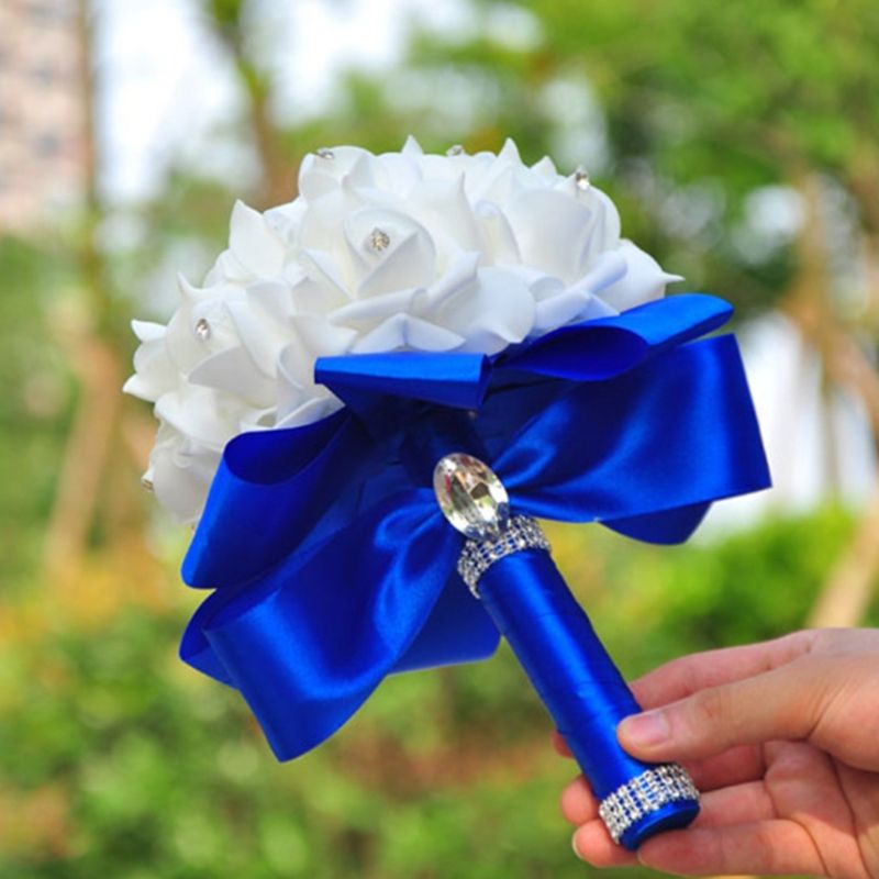 Korean Style Wedding Bridal Bouquet Artificial Flower PE Foam Roses With Faux Crystal Rhinestone Ribbons for Party Church Decor