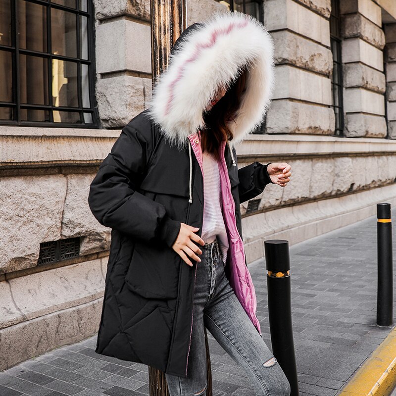 nueva chaqueta de invierno para mujer Parka coreana chaqueta acolchada suelta abrigos para mujer invierno gran cuello de piel Parkas 6682 dj3346: black / L