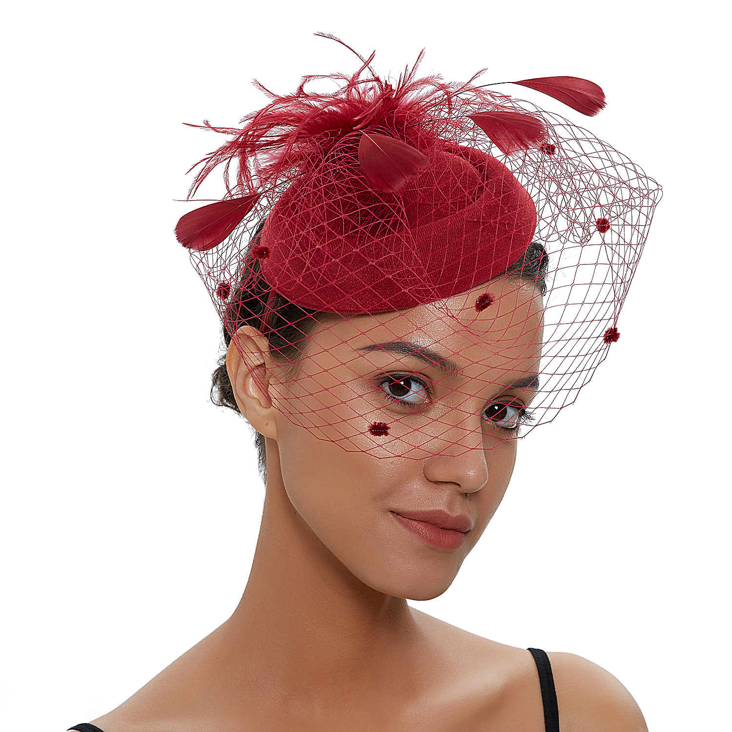 Womens Vilt Tovenaar Hoed Visnet Sluier Kleine Pluche Golf Punt Decor Haarspeldjes Bruiloft Bruids Cocktail Hoofddeksels Tovenaar