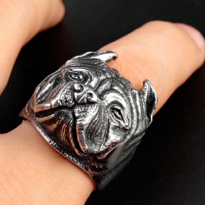 Mens Boy Punk Pitbull Bulldog Dier Zilver Kleur 316L Rvs Ring