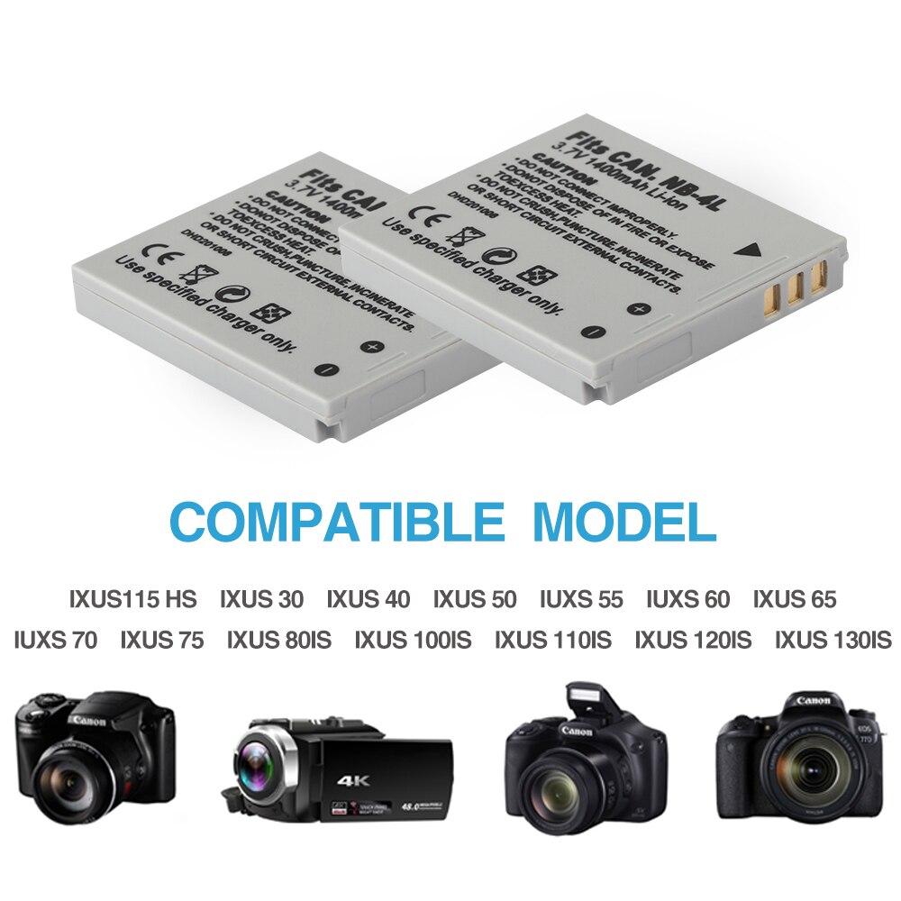 Batería de NB-4L NB4L para Canon IXUS, cargador de 100 mah para modelos 30, 40, 50, 55, 60, 65, 80, 110, I20, 115, 120, 130, 117, 220 IS, 225, 230, 255 y 1400
