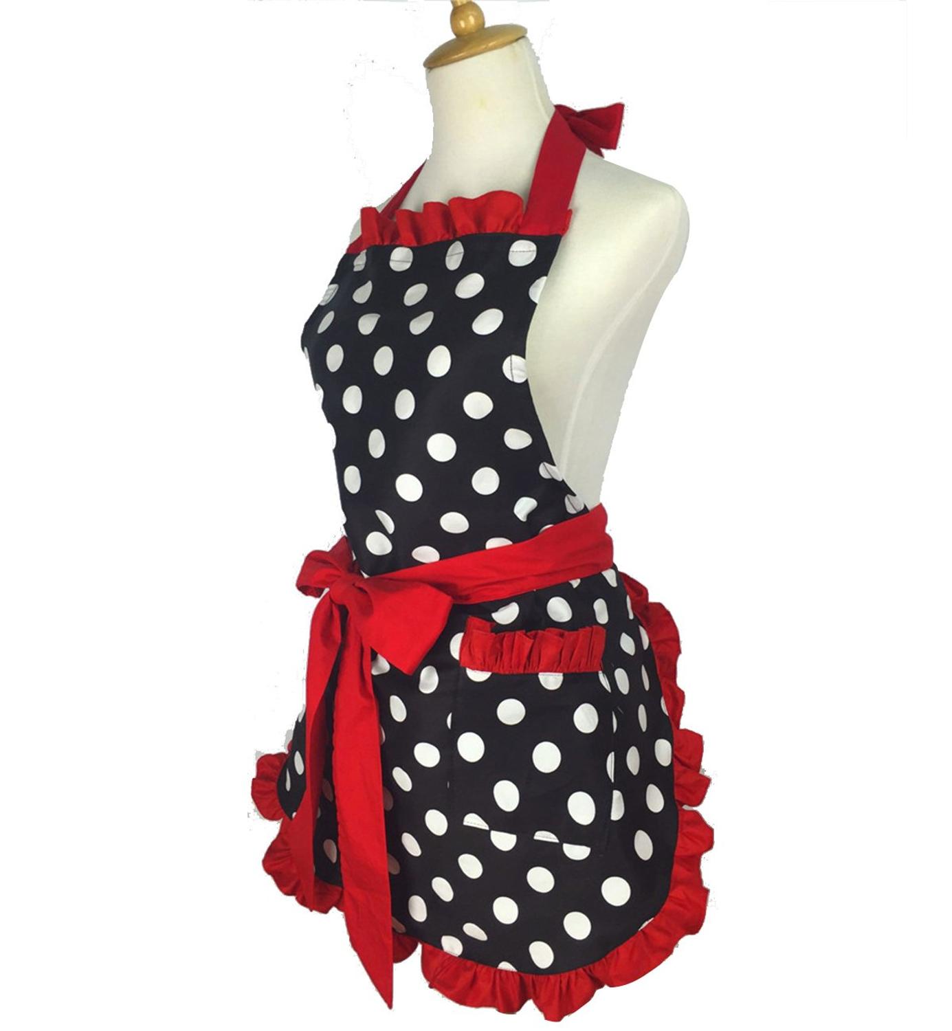 Retro forklæde til kvinder super sød og sjov sløjfe med lomme justerbar bomuld polka prikker sarte hemline madlavningsforklæder