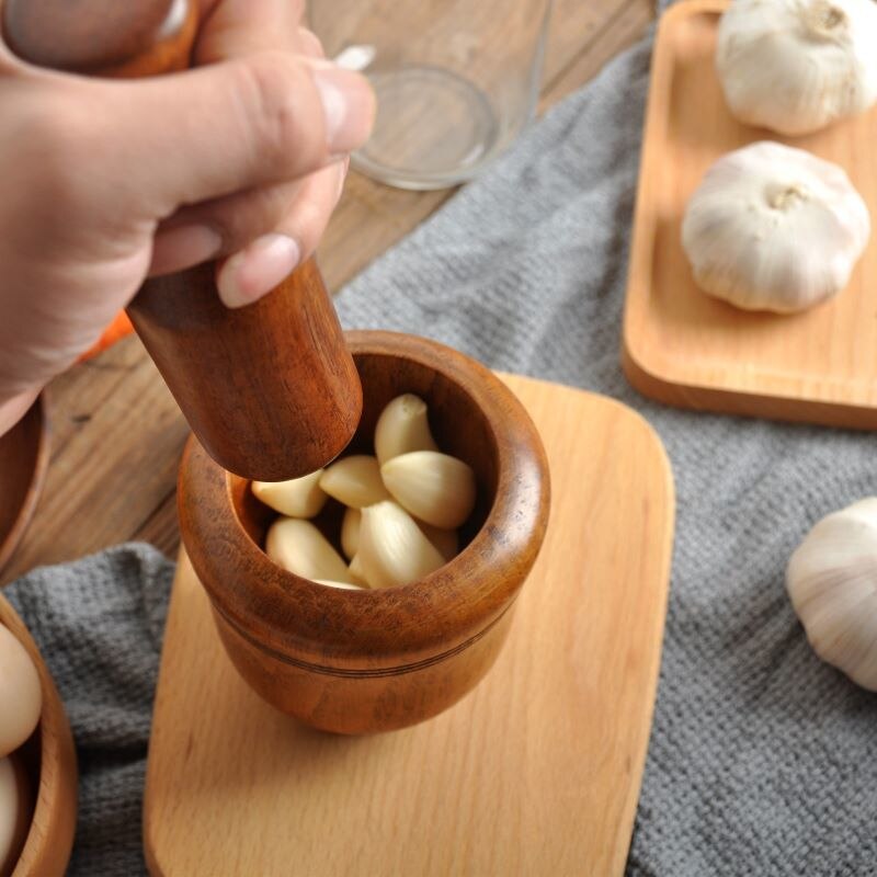 Bonsde Knoflook Jar Mortel Oude Mode Houten Grinder Ronde Glad Hand Gepolijst Stamper Set Voor Grind Kruiden Kruiden Korrels Peper