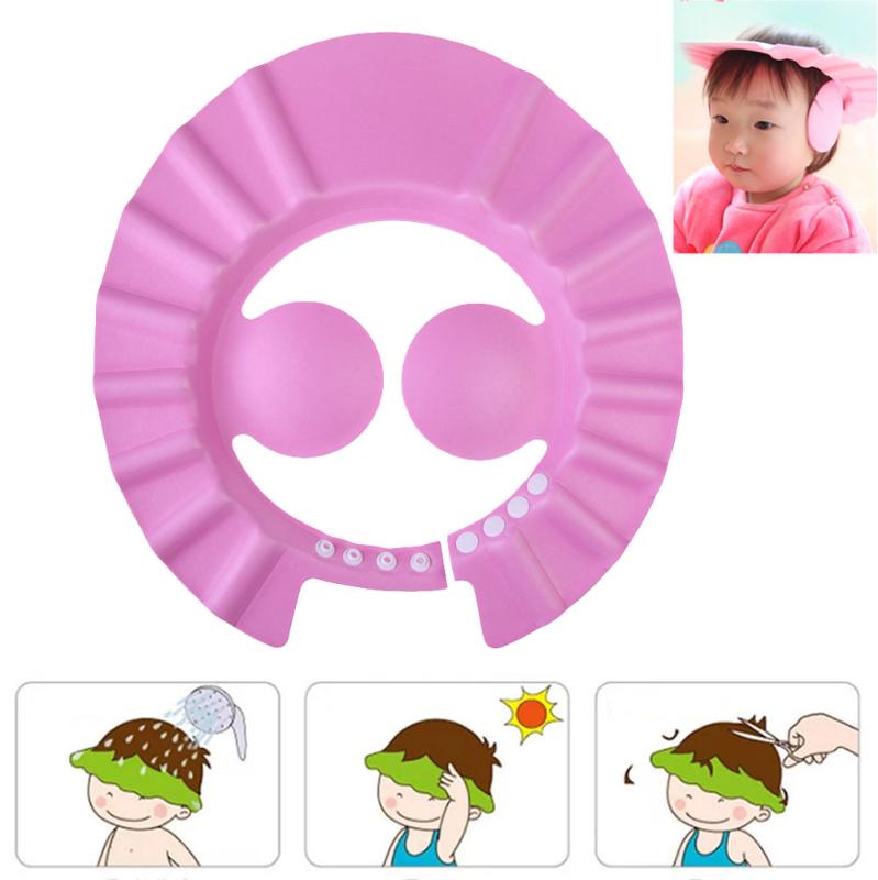 3 farver justerbar badehætte børn shampoo bad vask hår skjold hat vandtæt øjenbeskytter baby elastik hætte: Lyserød
