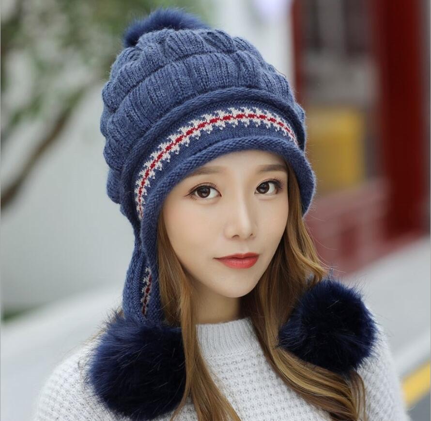 señoras gorro lana gorro Sanmao Bola de espalda al aire de punto sombrero de terciopelo grueso gorro tejido para abrigo niña Otoño e Invierno oreja protección