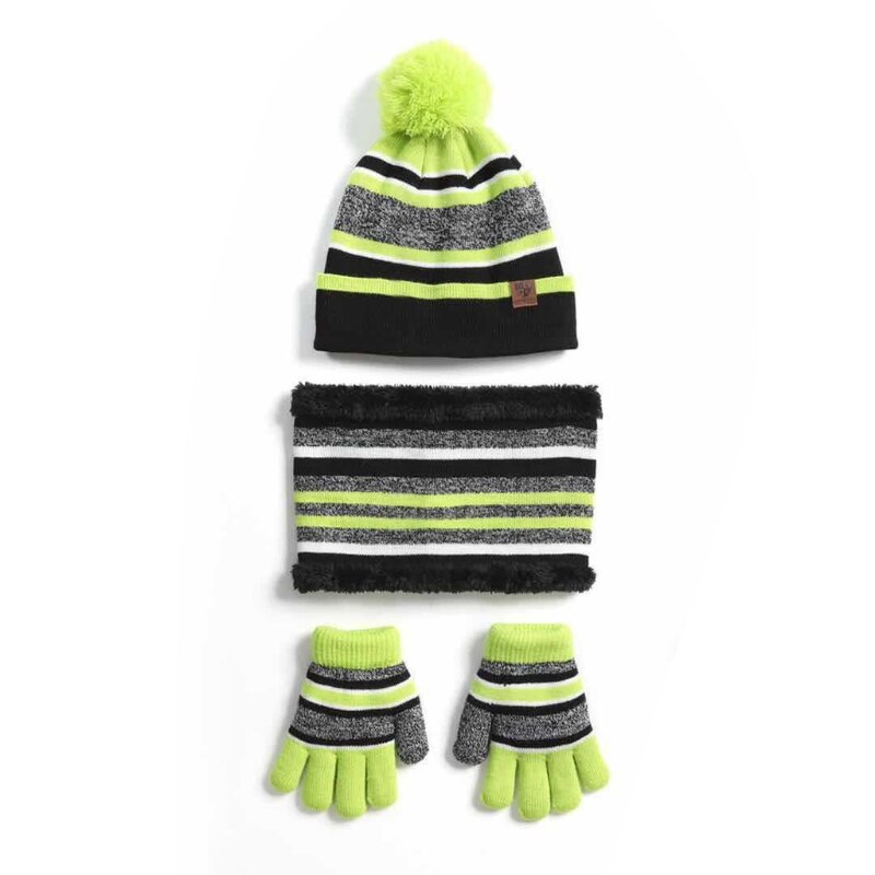 Bonnet, chapeau, écharpe, gants, ensemble de 3 pièces, tricot d'hiver pour enfants, couleur contrastée, rayé, peluche épaisse doublée, pompon, tête de mort