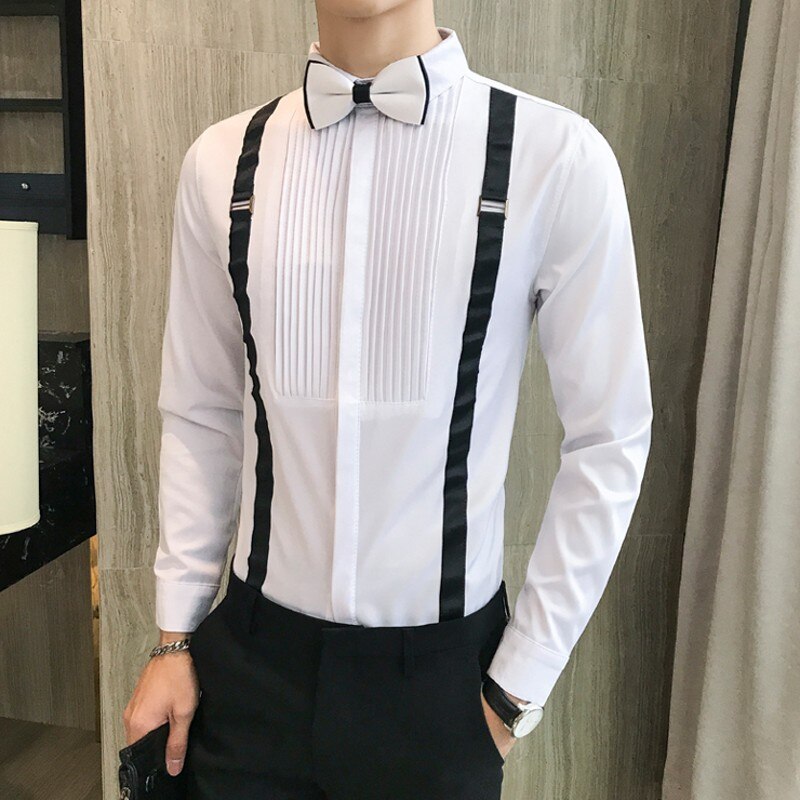 Camisa de esmoquin para hombre, camisa con lazo en el pecho plisado con correa, manga larga, vestido de ajustado, blusa negra