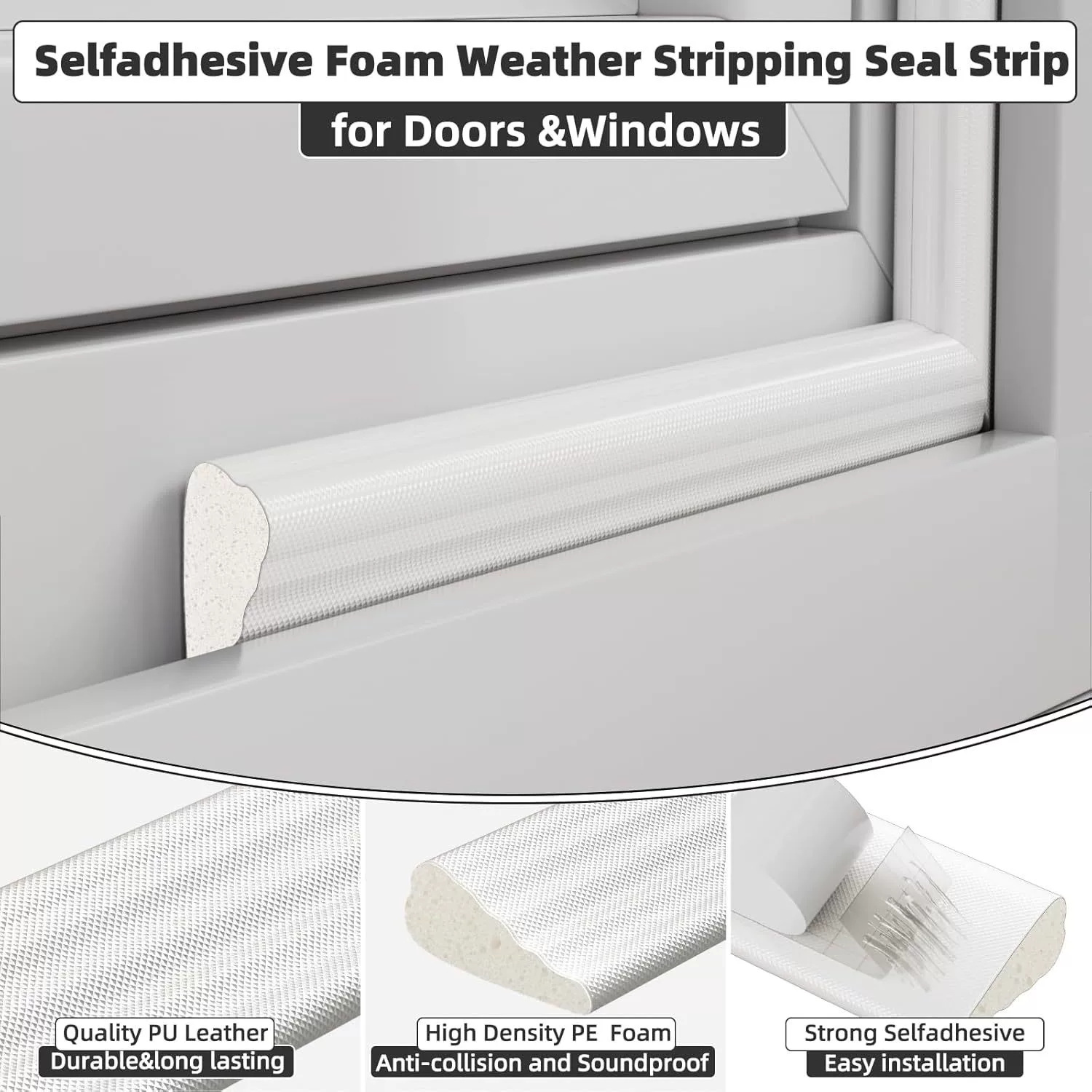 Door Window Sealing Strip Soundproof Noise Self-Adhesive Draught Exclude PU Foam Weather Stripping Door Seal Gap Filler