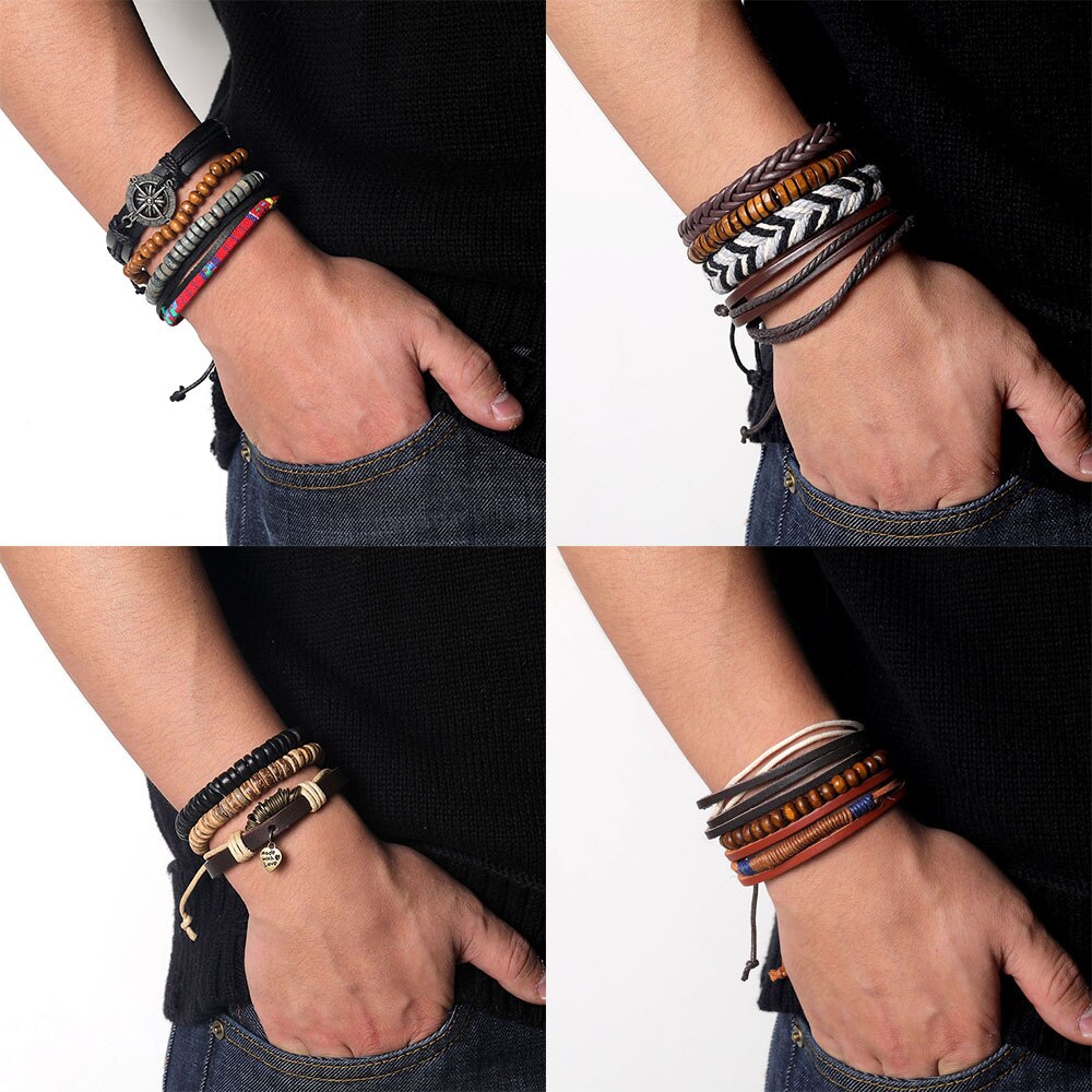 Wood Bead Male Multilayer Leather Bracelet Men Braided Rope Wrap Bracelets Bangles Pulseira Masculina Jewelry Pulsera