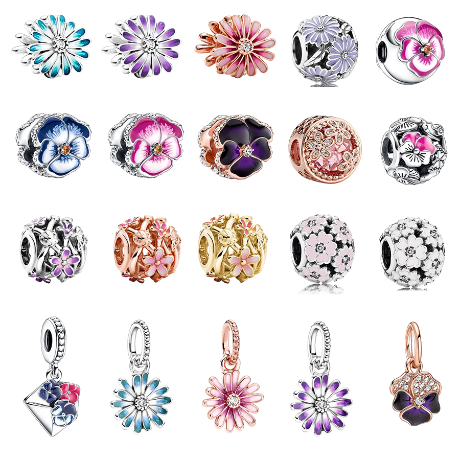 DIY Jewelry Deep Purple Pansy Flower、Pink Pansy Flower & Pink Daisy Flower Charm Bead Fit Original Silver 925 Europeans Bracelet