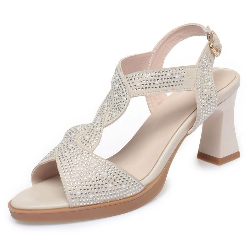 AIYUQI Sandals Women Summer Sandals Women Open Toe Rhinestone High Heels Roman Shoes Women: Beige / 40