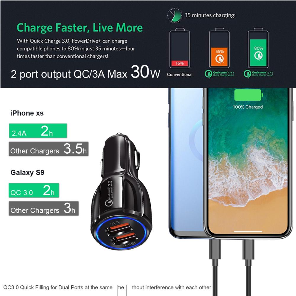 30 ワット QC3.0 車の充電器、急速充電 3.0 携帯電話の充電器 2 ポート iphone/ipad サムスン華為 xiaomi 迅速な車と 3A ケーブル