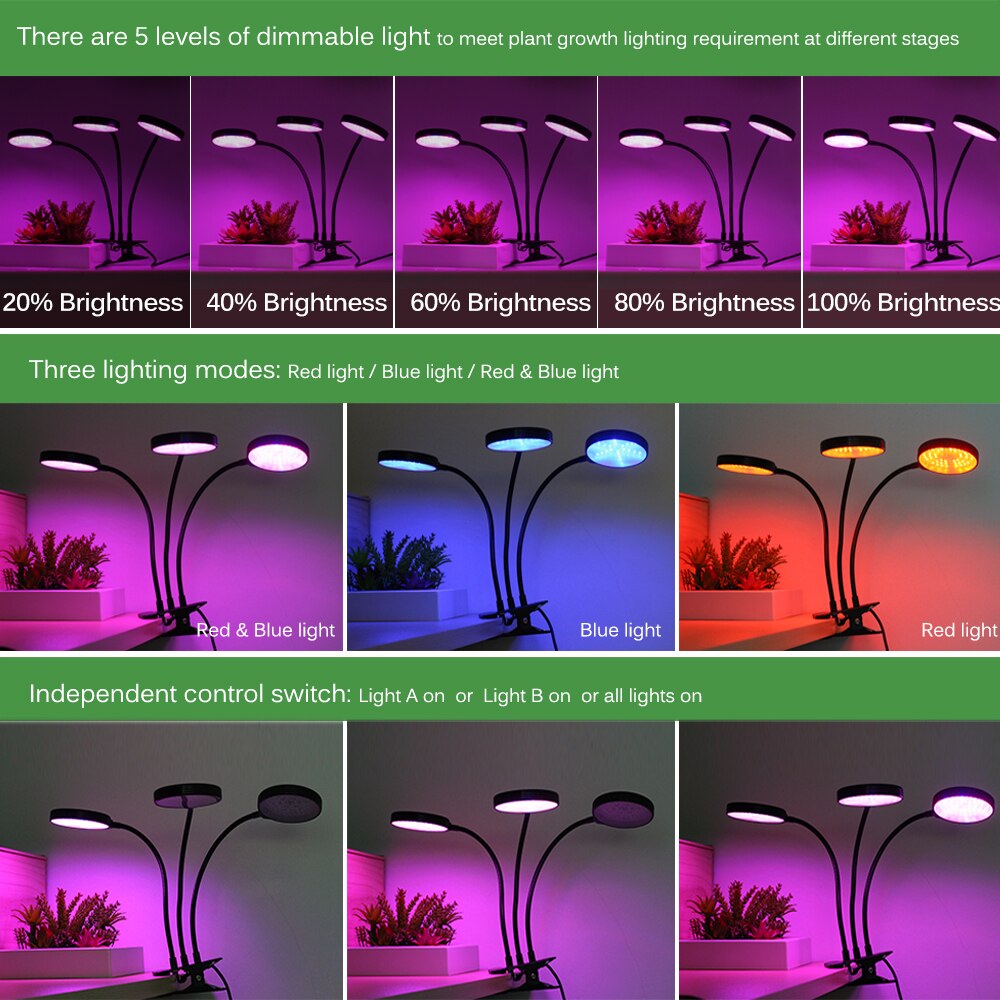 Luz LED de cultivo con Clip Flexible de 360 grados, fuente de alimentación USB, luz LED de escritorio para crecimiento de plantas.