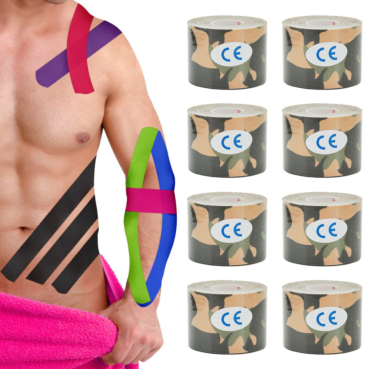 Vendaje muscular de camuflaje verde, cinta adhesiva elástica de algodón para lesiones, alivio del dolor muscular de rodilla, 1/6/10 piezas