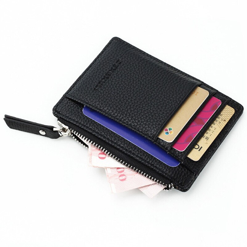 Wallet Mini Leather Card Holders 8 Card Slots Purse Small Men Wallet Women Zipper Pocket Ultra Thin Wallet: black