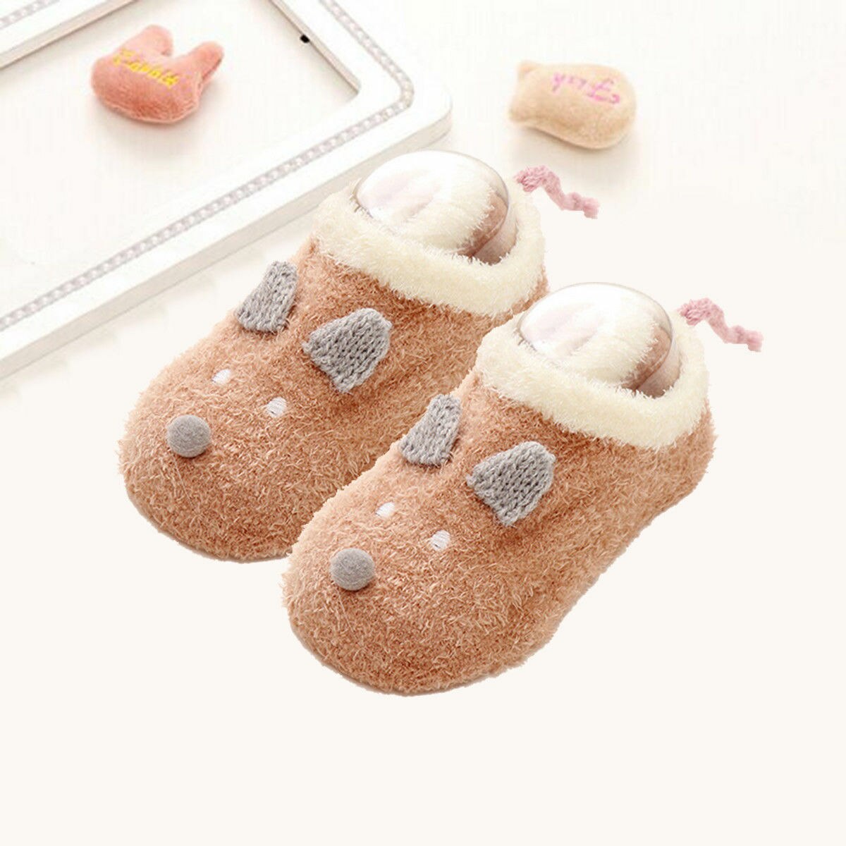 Brand Newborn Toddler Infant Baby Girl Winter Warm Socks Shoes Cartoon Furry Anti-slip Lace Cotton Socks Slipper Boots: Beige / 6 to 12 Months
