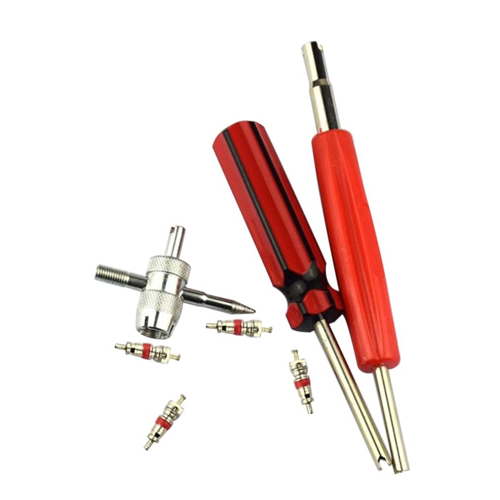 Tire Valve Repair Tool Set Dual Single Head Valve Core Remover Tools with 4-Way Valve Tool Brass Valve Cores