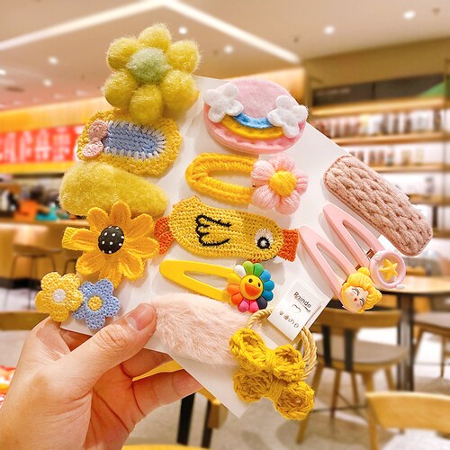 Newest 1set Winter Girls Cartoon Fruit Cashmere Faux Fur Soft Hairpins Sweet Children Hair Clips Kid Hair Accessories: yellow-15  Pcs