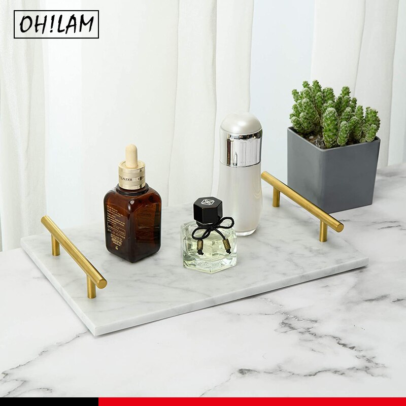 Decorative Tray Natural Rectangular Marble Tray Gold Metal Handles Handmade Bathroom Vanity Perfume Tray Trinket Tray Dresser