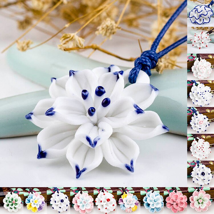 Vintage Stijl Blauw En Wit Keramische Handgemaakte Lotus Bloem Hanger Ketting Chinese Stijl Etnische Stijl Lange Ketting Vrouwen Lady