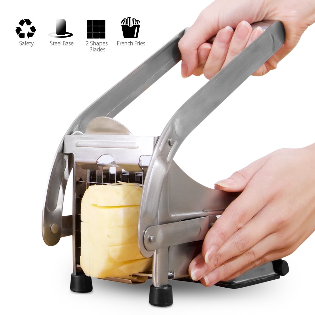 Stainless Steel French Fry Cutter,Vegetable and Potato Slicer,with 2 Blade Size Cutter Option,Safe Slice Meal Pre Easy Install