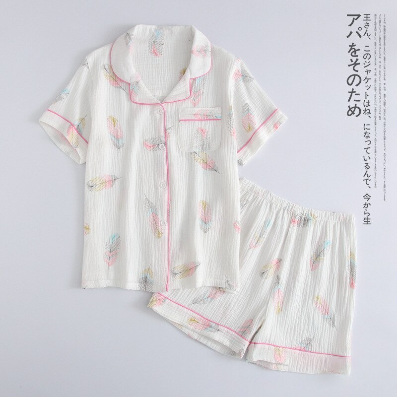 ladies summer short-sleeved shorts pajamas 100% cotton crepe home service suit simple and beautiful comfortable suit: White shorts suit / M