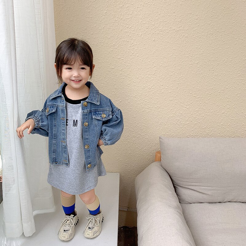 Höst tjejer långärmad jeansjacka barn puffärm jeans jackor tjejer kappa