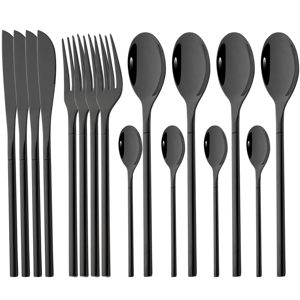Drmfiy 4/16pcs Noir Ensemble de Vaisselle Couteaux Fourchettes Cuillères Couverts En Acier Inoxydable Couverts Couverts Cuisine Vaisselle