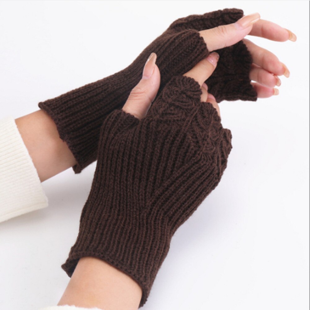 Woman Ladies Fingerless Gloves Winter Warm Soft Knitted Mittens ST007: Dark Brown