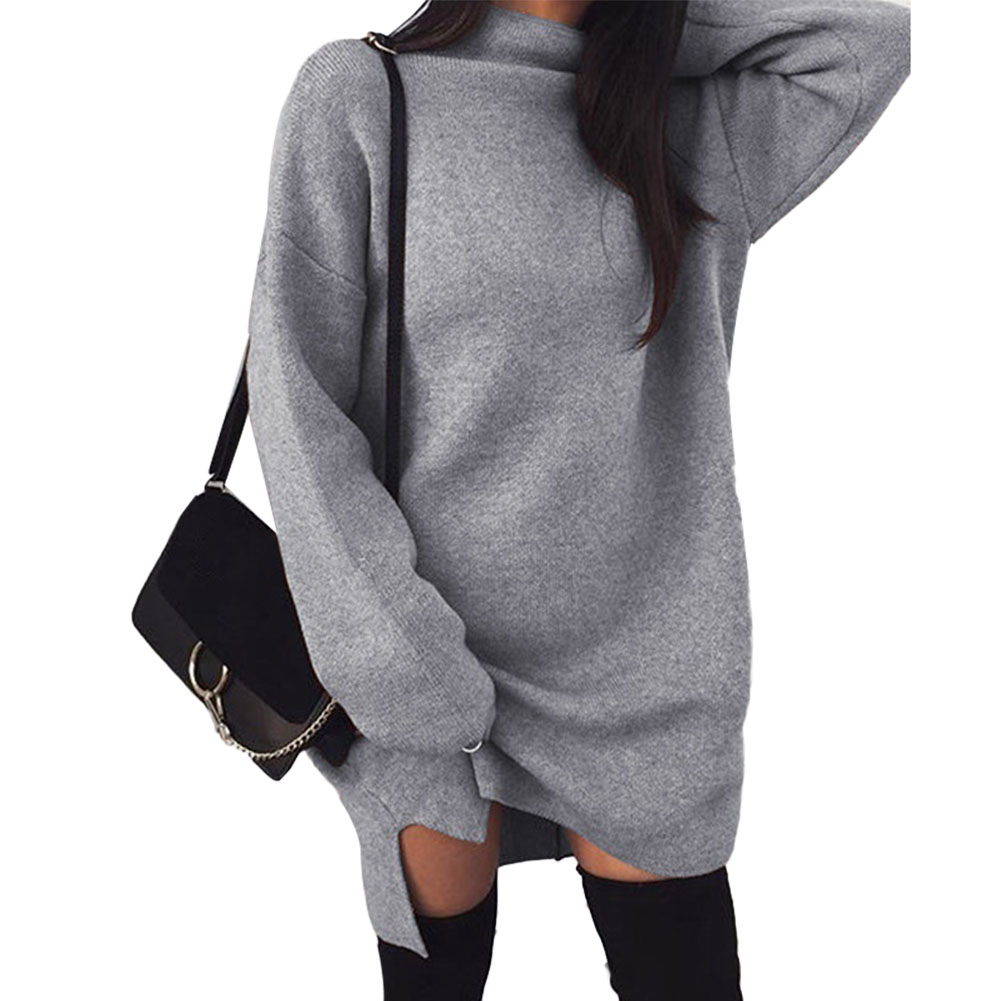 Hiver femmes couleur unie col roulé en vrac à manches longues tricoté robe pull col haut en vrac tricot fendu robe pull: Grey / M